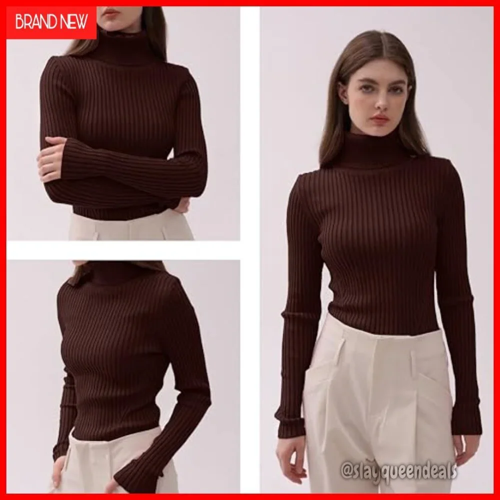 Ribbed Turtleneck Sweater Slim Fit Pullover Viscose Knit Long Sleeve